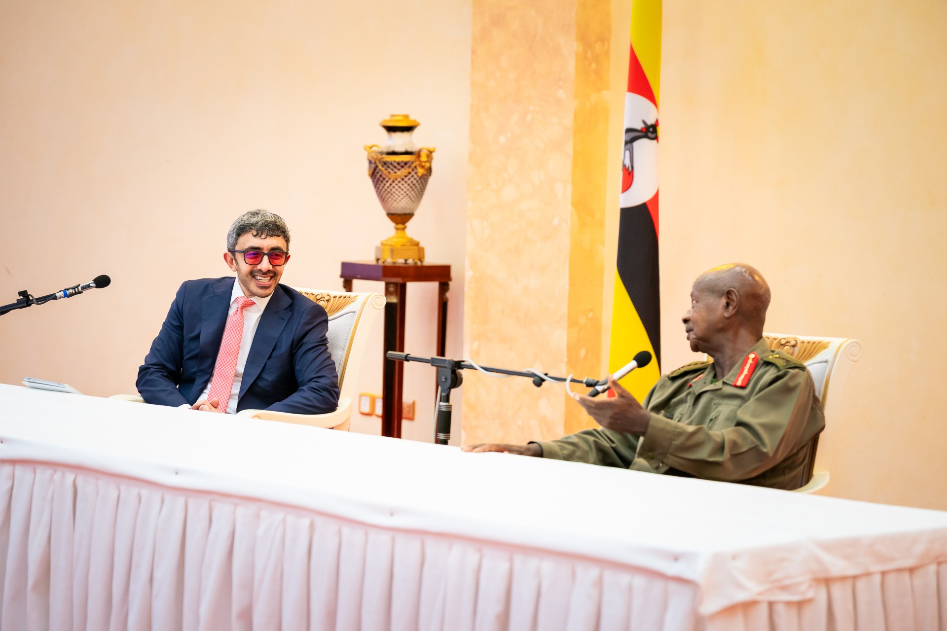 Yoweri Museveni, President of the Republic of Uganda, received H.H. Sheikh Abdullah bin Zayed Al Nahyan, Deputy Prime Minister and Minister of Foreign Affairs, in the presence of Jeje Odong, Uganda's Minister of Foreign Affairs, at the beginning of Sheikh Abdullah’s working visit to Uganda.